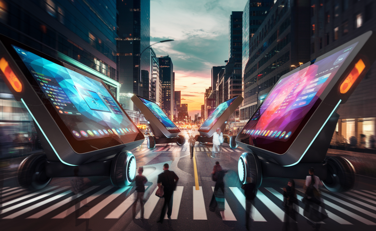 Giant tablet on wheels illustrating tech innovation