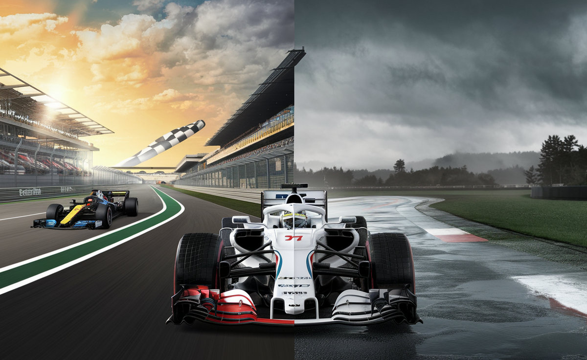 F1 cars racing under unpredictable British summer weather