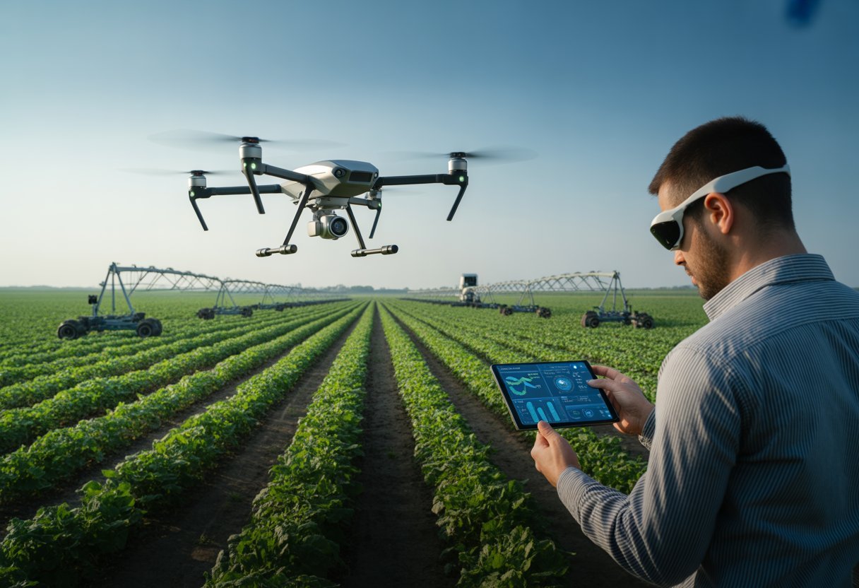A farmer using a tablet and smart glasses in a green field with a drone flying overhead and automated farming equipment in the background.